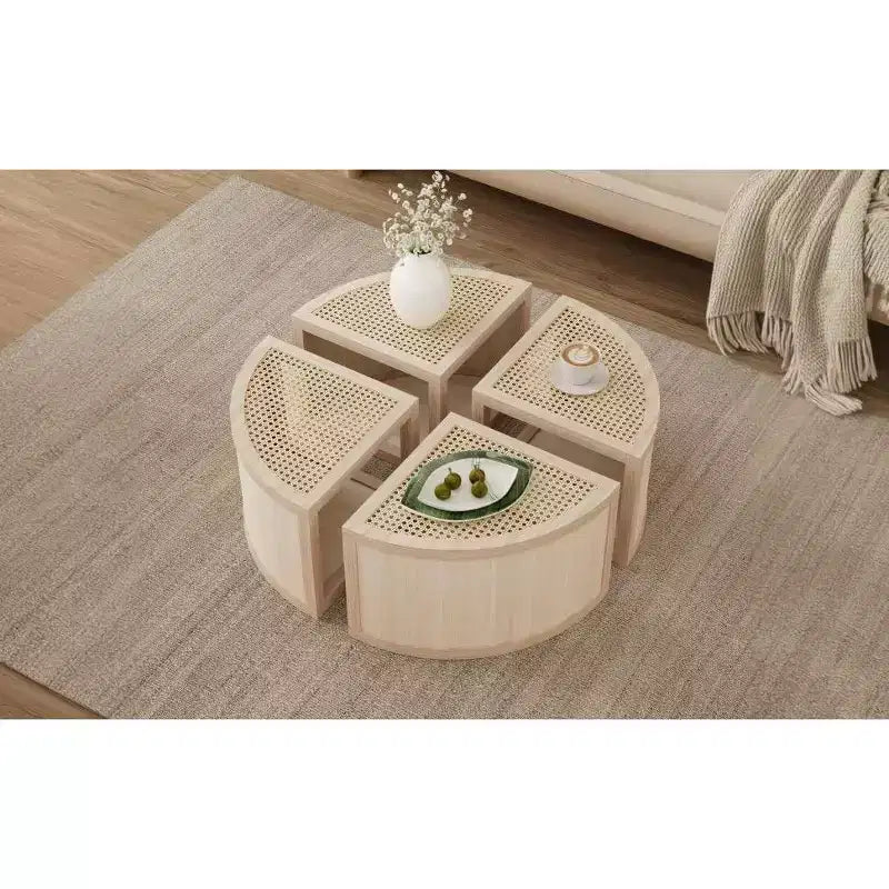 Okak 4-Pc Modular Rattan Coffee Table, Convertible Round/Square with Storage, Solid Wood & Weaving Center Table for Living Room