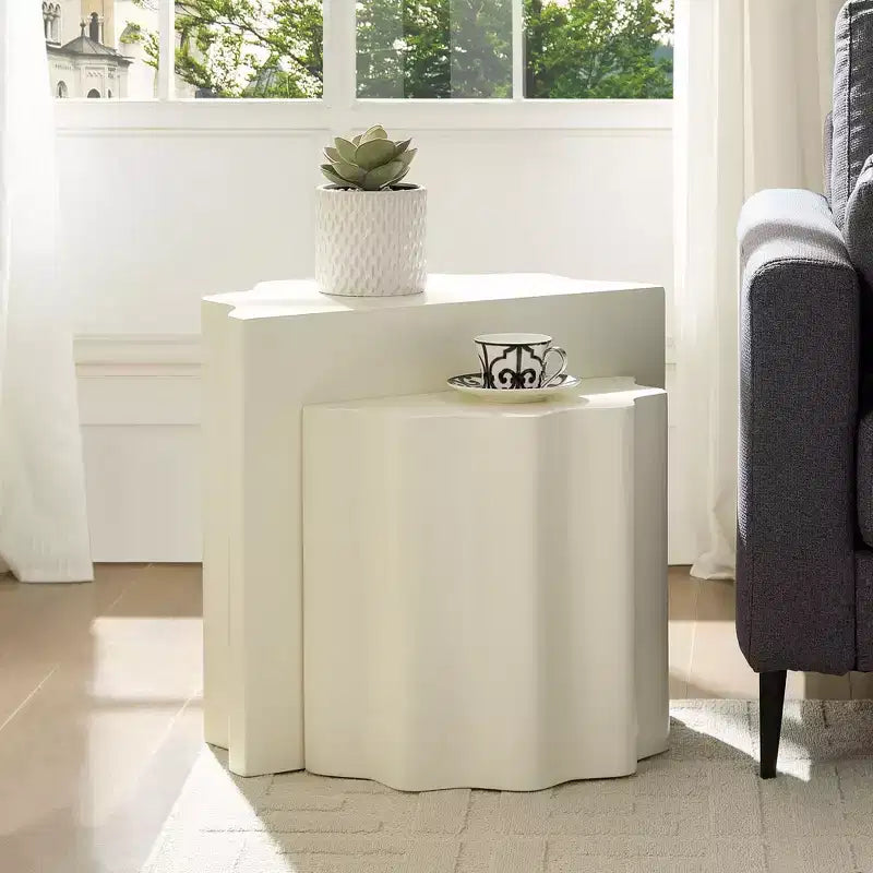 Okak Modern Wave-Edge Coffee Side Table Set of 2, Fiberglass & No Assembly End Tables, Apartment Size for Living Room & Bedroom
