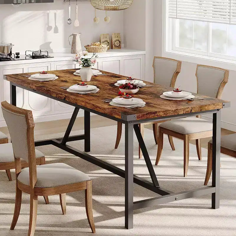 71-Inch Rectangular Dining Table for 8, Large Industrial Wood Kitchen Table with Durable Metal Frame, Perfect for Big Families