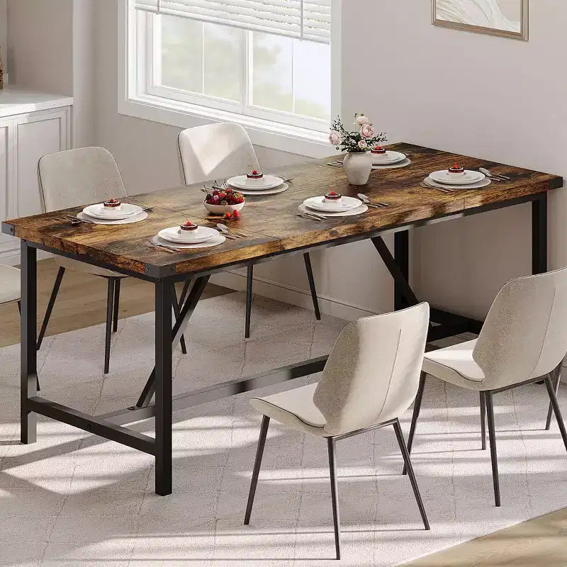 71-Inch Rectangular Dining Table for 8, Large Industrial Wood Kitchen Table with Durable Metal Frame, Perfect for Big Families