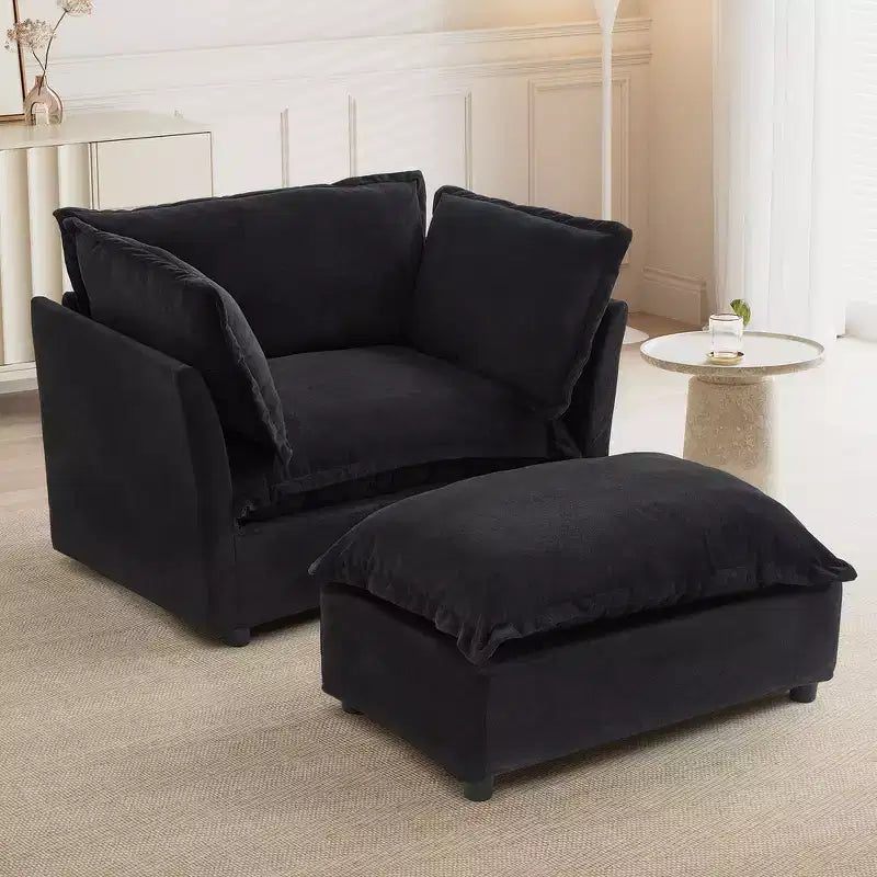 Whisen Chenille Armchair Sofa with Movable Ottoman, Wide Seat, Curved Armrests and Soft Pillows