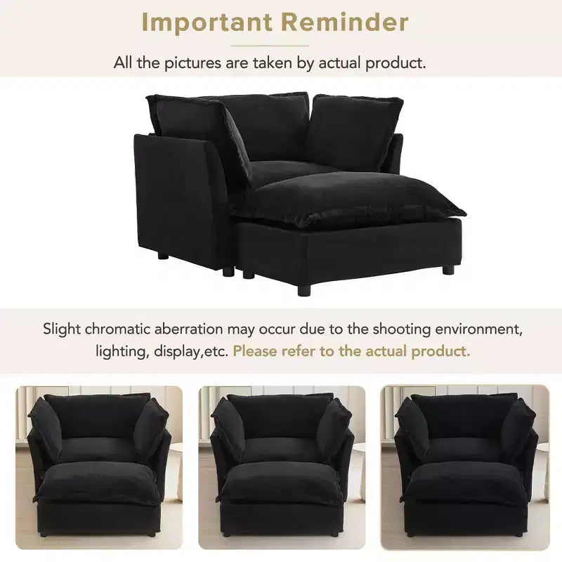 Whisen Chenille Armchair Sofa with Movable Ottoman, Wide Seat, Curved Armrests and Soft Pillows