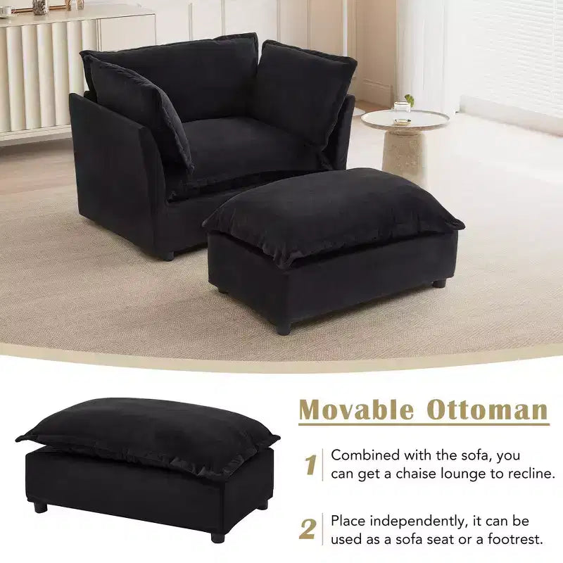 Whisen Chenille Armchair Sofa with Movable Ottoman, Wide Seat, Curved Armrests and Soft Pillows