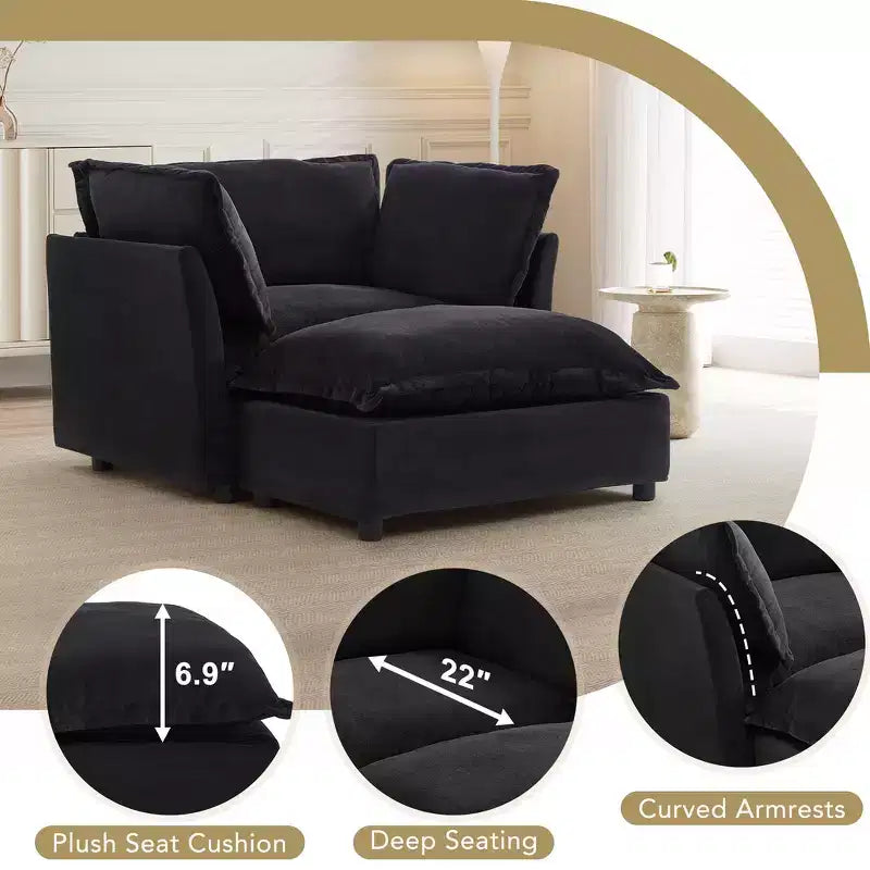 Whisen Chenille Armchair Sofa with Movable Ottoman, Wide Seat, Curved Armrests and Soft Pillows
