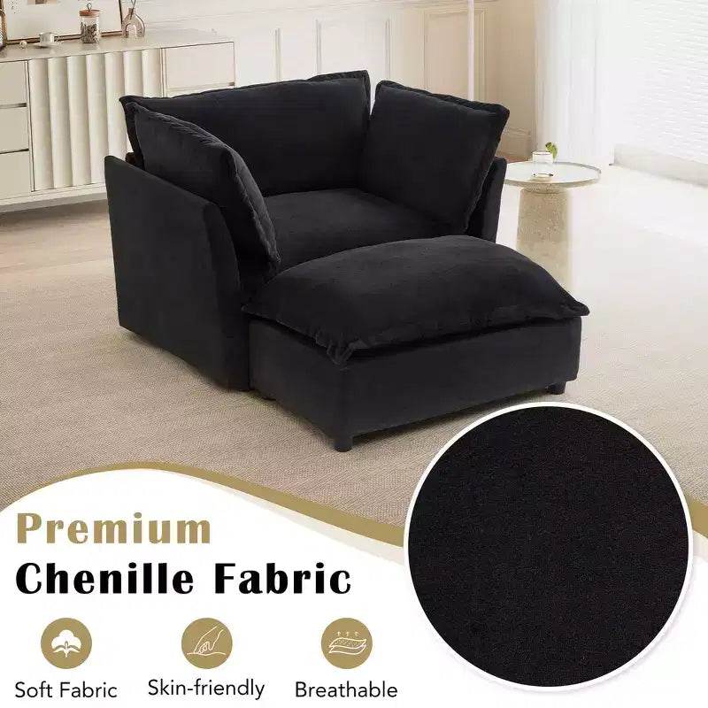 Whisen Chenille Armchair Sofa with Movable Ottoman, Wide Seat, Curved Armrests and Soft Pillows