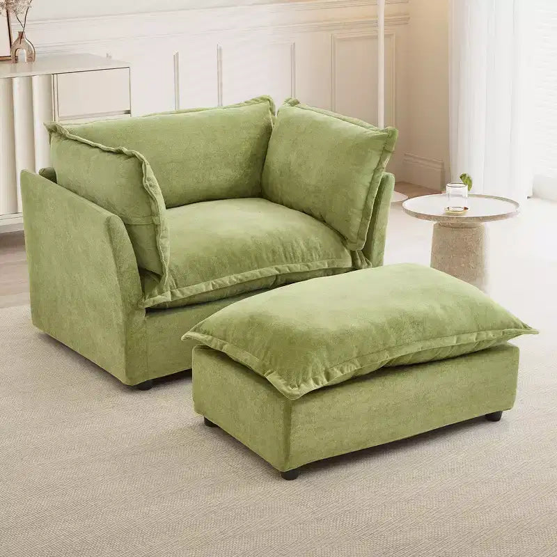 Whisen Chenille Armchair Sofa with Movable Ottoman, Wide Seat, Curved Armrests and Soft Pillows