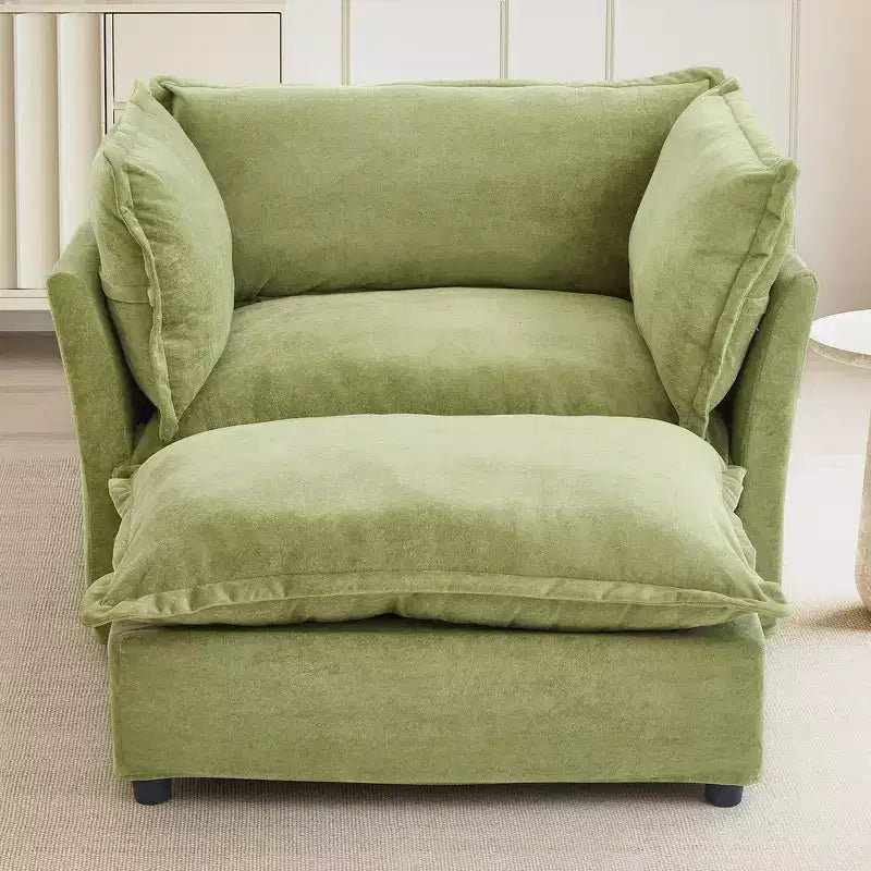 Whisen Chenille Armchair Sofa with Movable Ottoman, Wide Seat, Curved Armrests and Soft Pillows