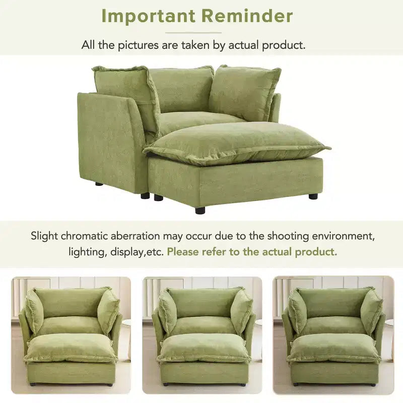 Whisen Chenille Armchair Sofa with Movable Ottoman, Wide Seat, Curved Armrests and Soft Pillows