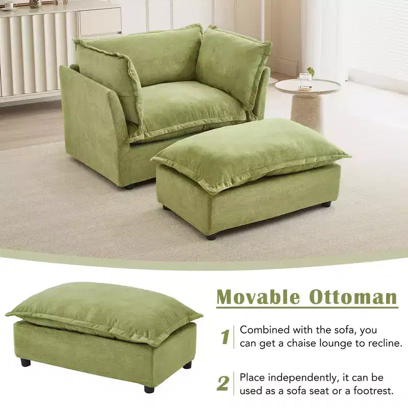 Whisen Chenille Armchair Sofa with Movable Ottoman, Wide Seat, Curved Armrests and Soft Pillows