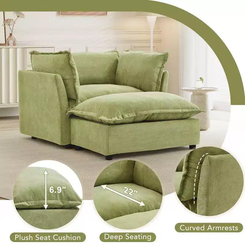 Whisen Chenille Armchair Sofa with Movable Ottoman, Wide Seat, Curved Armrests and Soft Pillows