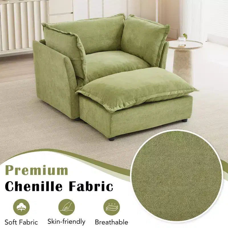 Whisen Chenille Armchair Sofa with Movable Ottoman, Wide Seat, Curved Armrests and Soft Pillows