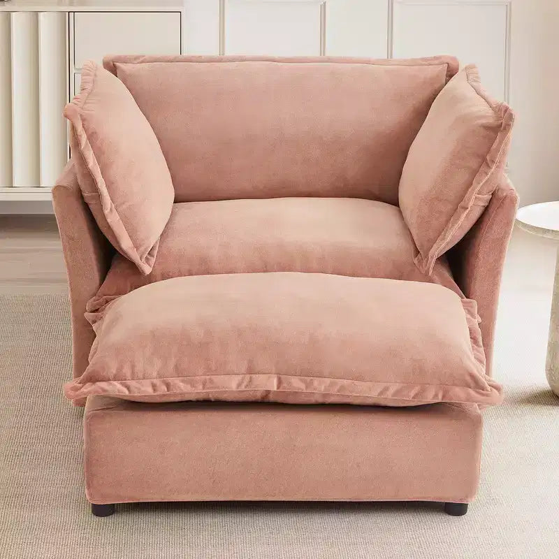 Whisen Chenille Armchair Sofa with Movable Ottoman, Wide Seat, Curved Armrests and Soft Pillows