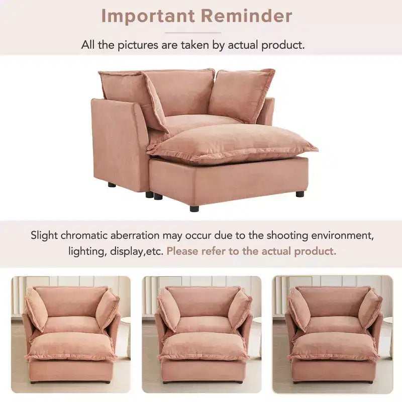 Whisen Chenille Armchair Sofa with Movable Ottoman, Wide Seat, Curved Armrests and Soft Pillows