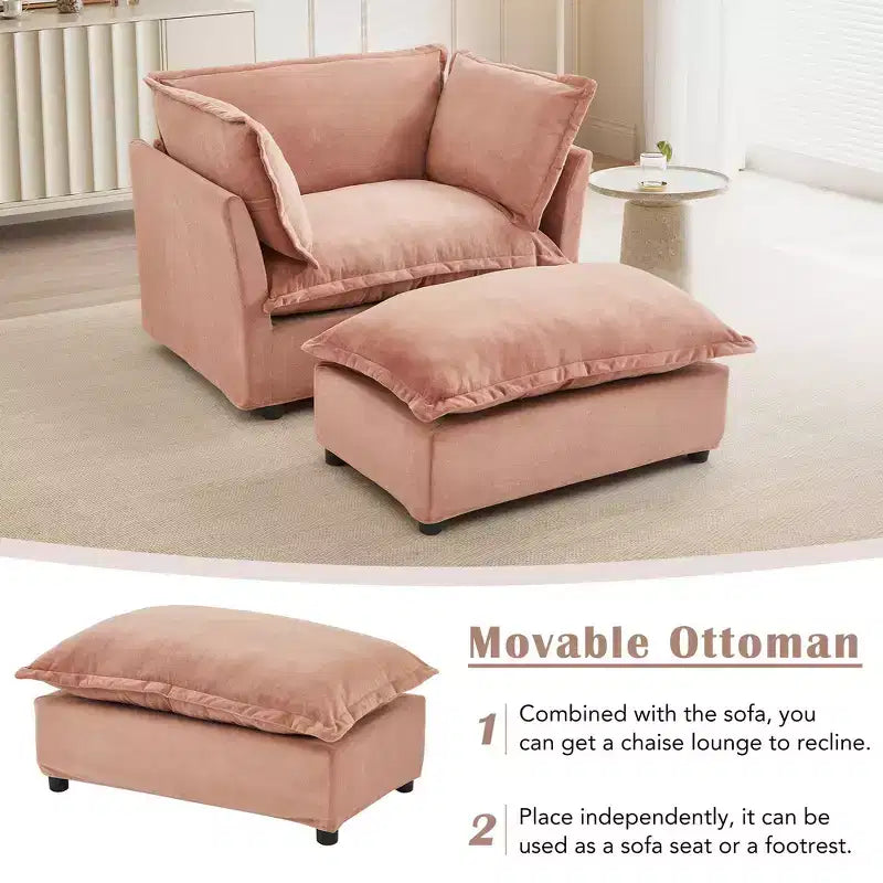 Whisen Chenille Armchair Sofa with Movable Ottoman, Wide Seat, Curved Armrests and Soft Pillows