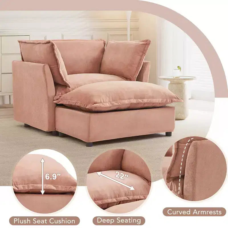 Whisen Chenille Armchair Sofa with Movable Ottoman, Wide Seat, Curved Armrests and Soft Pillows