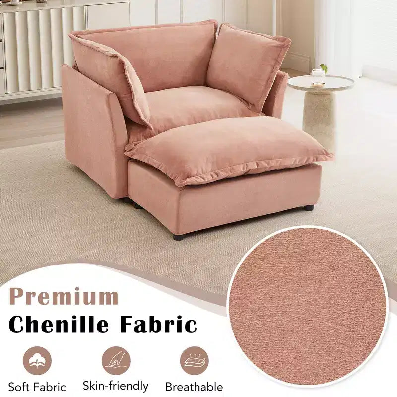 Whisen Chenille Armchair Sofa with Movable Ottoman, Wide Seat, Curved Armrests and Soft Pillows