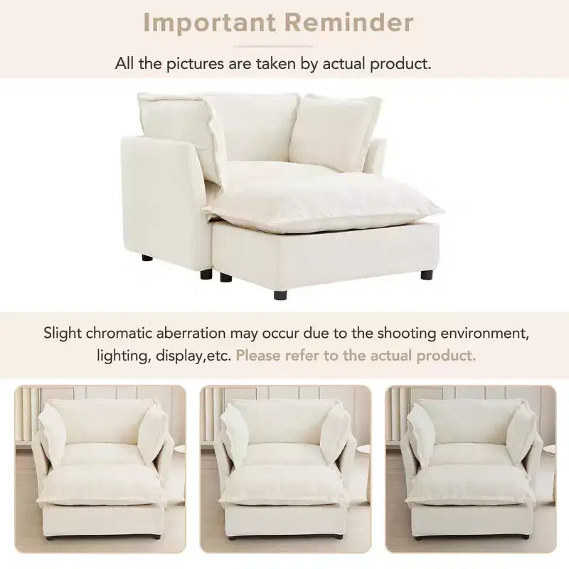 Whisen Chenille Armchair Sofa with Movable Ottoman, Wide Seat, Curved Armrests and Soft Pillows
