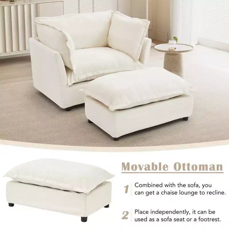 Whisen Chenille Armchair Sofa with Movable Ottoman, Wide Seat, Curved Armrests and Soft Pillows