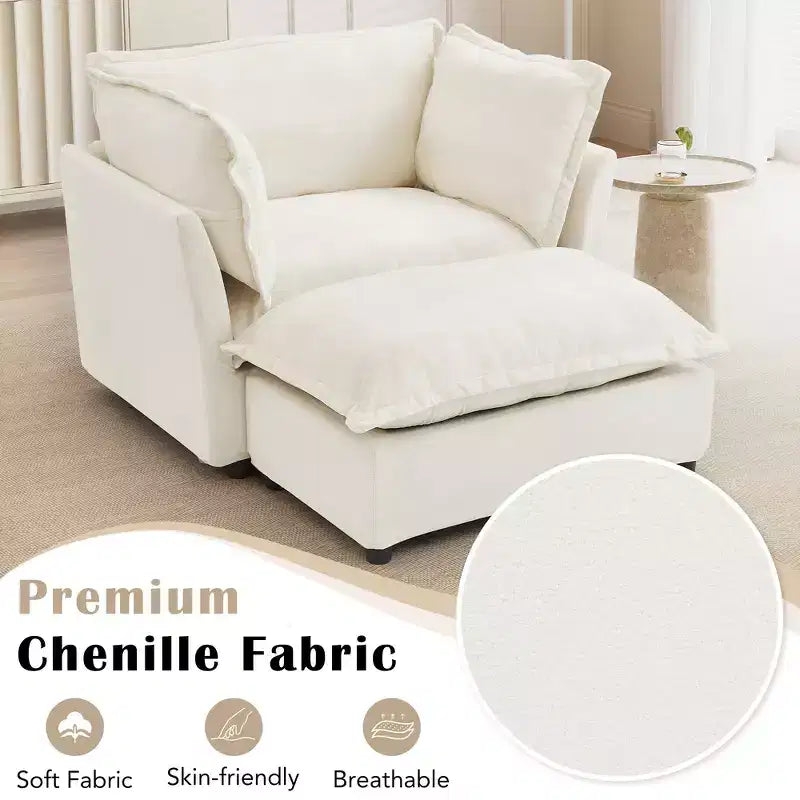 Whisen Chenille Armchair Sofa with Movable Ottoman, Wide Seat, Curved Armrests and Soft Pillows