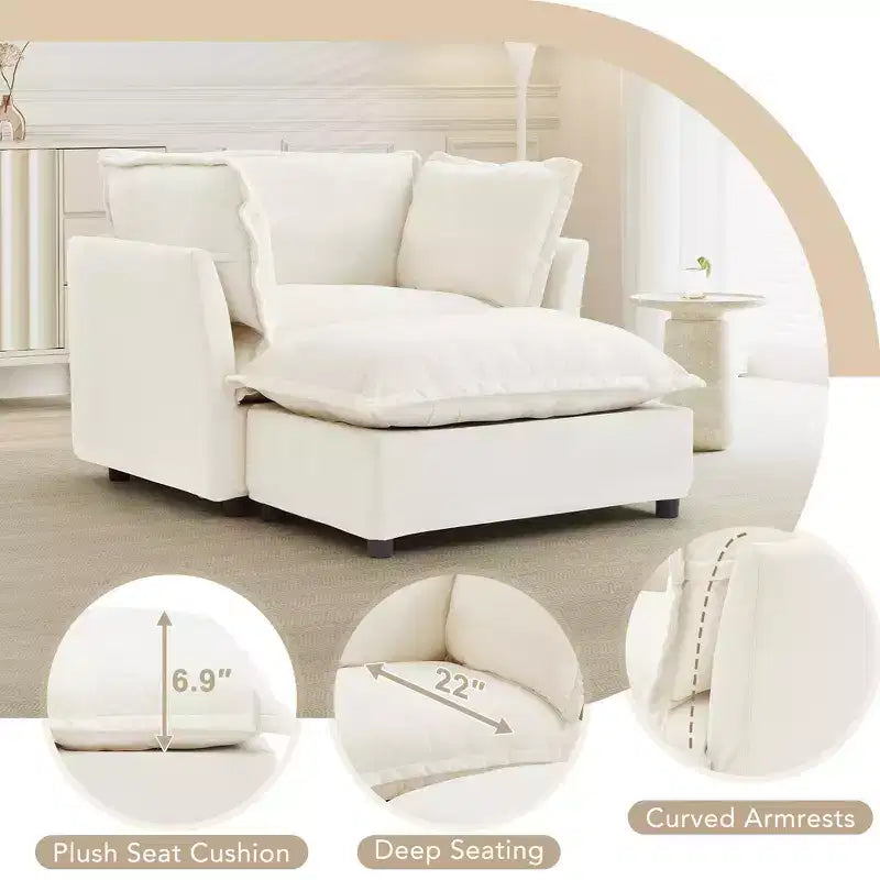 Whisen Chenille Armchair Sofa with Movable Ottoman, Wide Seat, Curved Armrests and Soft Pillows