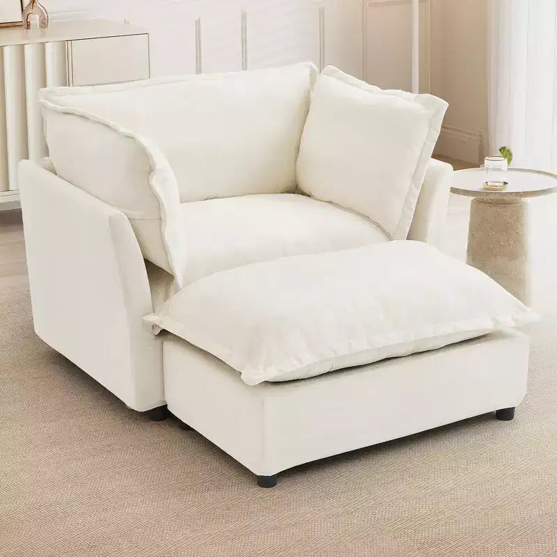 Whisen Chenille Armchair Sofa with Movable Ottoman, Wide Seat, Curved Armrests and Soft Pillows