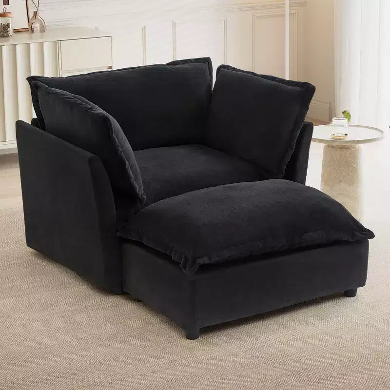 Whisen Chenille Armchair Sofa with Movable Ottoman, Wide Seat, Curved Armrests and Soft Pillows