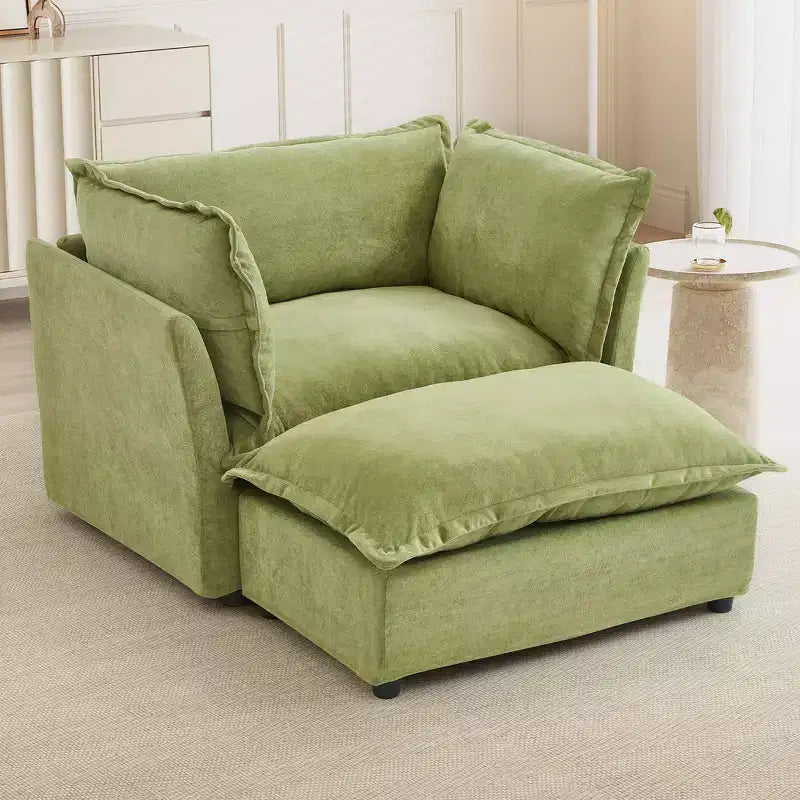 Whisen Chenille Armchair Sofa with Movable Ottoman, Wide Seat, Curved Armrests and Soft Pillows