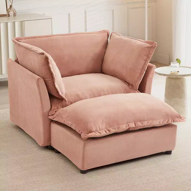 Whisen Chenille Armchair Sofa with Movable Ottoman, Wide Seat, Curved Armrests and Soft Pillows