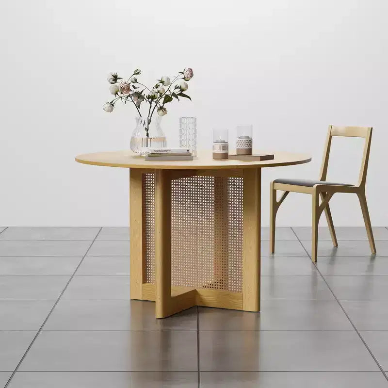 PexFix 46 x 46 Farmhouse Kitchen Dining Room Table Furniture Round Oak Kitchen Table with Rattan Woven Legs for Kitchen Bar Living Room