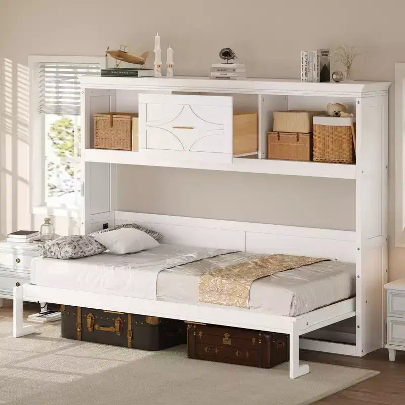 Whisen Wood Twin Size Murphy Bed with Charging Station and a Drawer