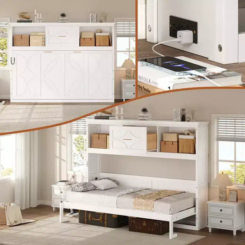 Whisen Wood Twin Size Murphy Bed with Charging Station and a Drawer