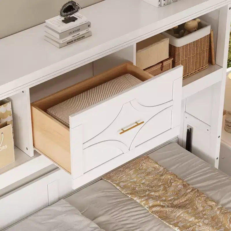 Whisen Wood Twin Size Murphy Bed with Charging Station and a Drawer