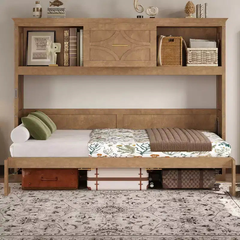 Whisen Wood Twin Size Murphy Bed with Charging Station and a Drawer