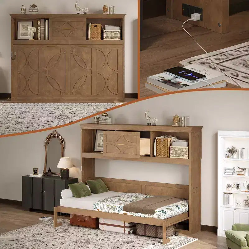 Whisen Wood Twin Size Murphy Bed with Charging Station and a Drawer