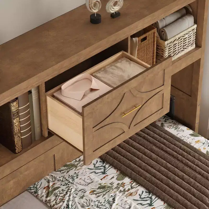 Whisen Wood Twin Size Murphy Bed with Charging Station and a Drawer