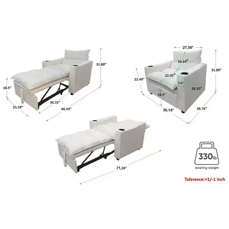3-in-1 Convertible Chaise Lounge Upholstered Accent Chair Sleeper Sofa Bed Couch Pull-Out Single Sofa with Adjustable Backrest&Cup Holder - ModernLuxe