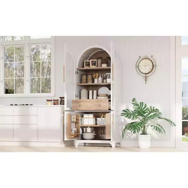 Okak 71 Wood Arched Kitchen Pantry Cabinet with 2 Drawers, Kitchen Storage Cabinets with Glass Door, Tall Cupboard for Kitchen/Dining Room