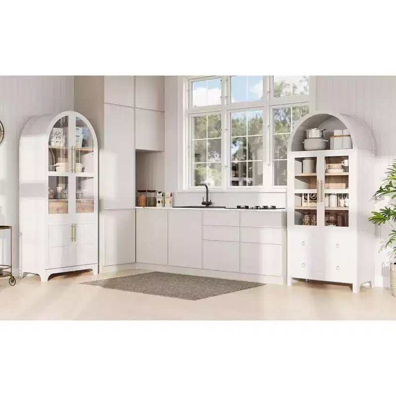 Okak 71 Wood Arched Kitchen Pantry Cabinet with 2 Drawers, Kitchen Storage Cabinets with Glass Door, Tall Cupboard for Kitchen/Dining Room