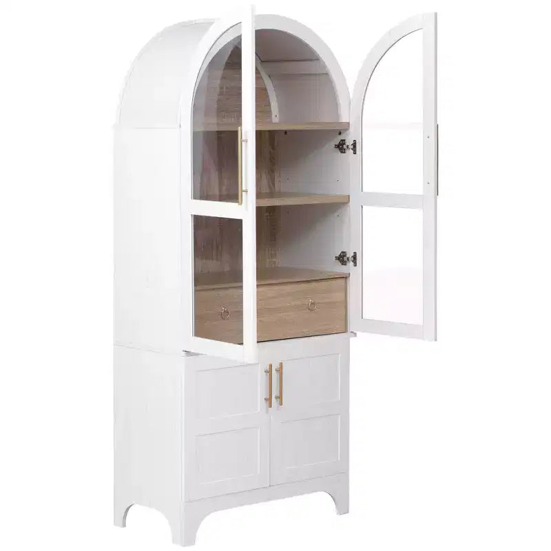 Okak 71 Wood Arched Kitchen Pantry Cabinet with 2 Drawers, Kitchen Storage Cabinets with Glass Door, Tall Cupboard for Kitchen/Dining Room