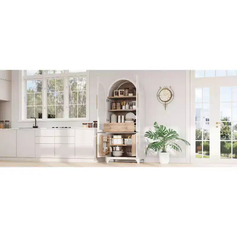 Okak 71 Wood Arched Kitchen Pantry Cabinet with 2 Drawers, Kitchen Storage Cabinets with Glass Door, Tall Cupboard for Kitchen/Dining Room
