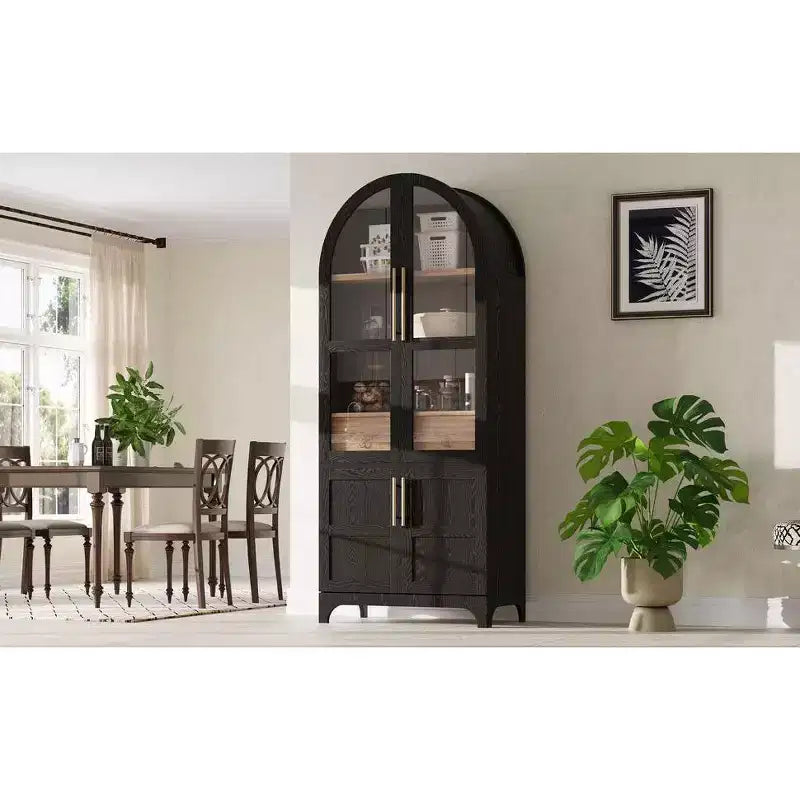 Okak 71 Wood Arched Kitchen Pantry Cabinet with 2 Drawers, Kitchen Storage Cabinets with Glass Door, Tall Cupboard for Kitchen/Dining Room