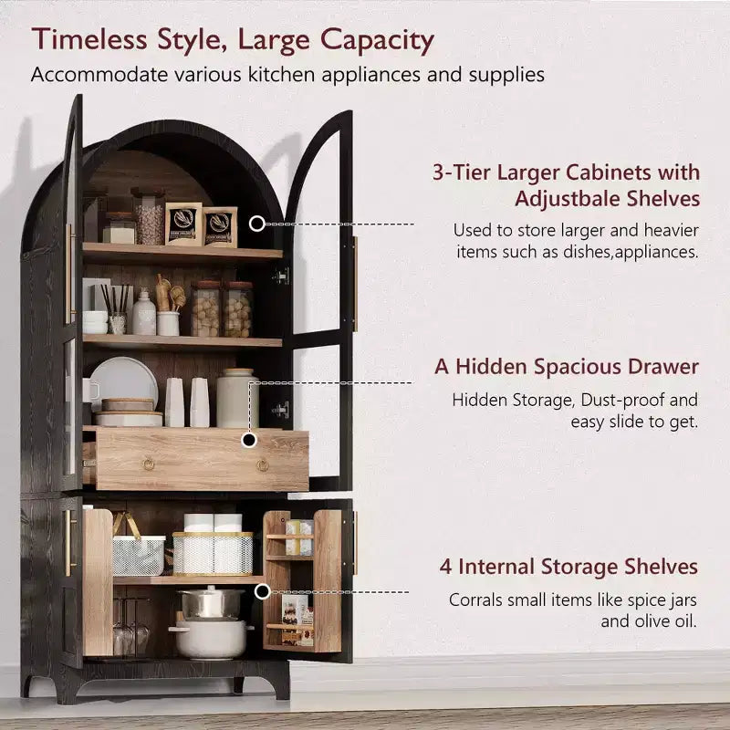 Okak 71 Wood Arched Kitchen Pantry Cabinet with 2 Drawers, Kitchen Storage Cabinets with Glass Door, Tall Cupboard for Kitchen/Dining Room