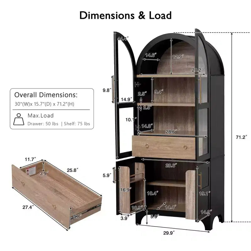 Okak 71 Wood Arched Kitchen Pantry Cabinet with 2 Drawers, Kitchen Storage Cabinets with Glass Door, Tall Cupboard for Kitchen/Dining Room