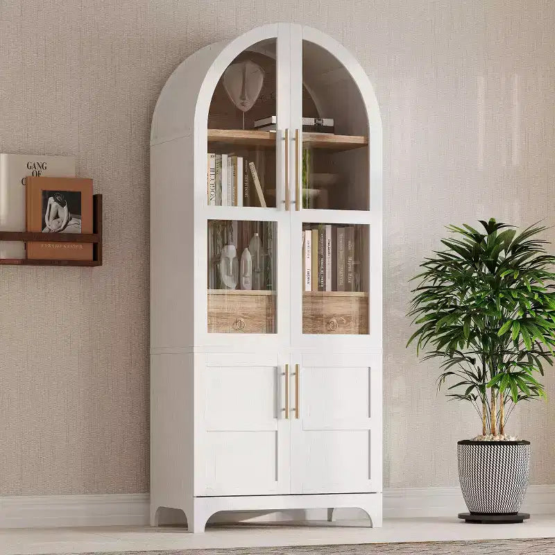 Okak 71 Wood Arched Kitchen Pantry Cabinet with 2 Drawers, Kitchen Storage Cabinets with Glass Door, Tall Cupboard for Kitchen/Dining Room