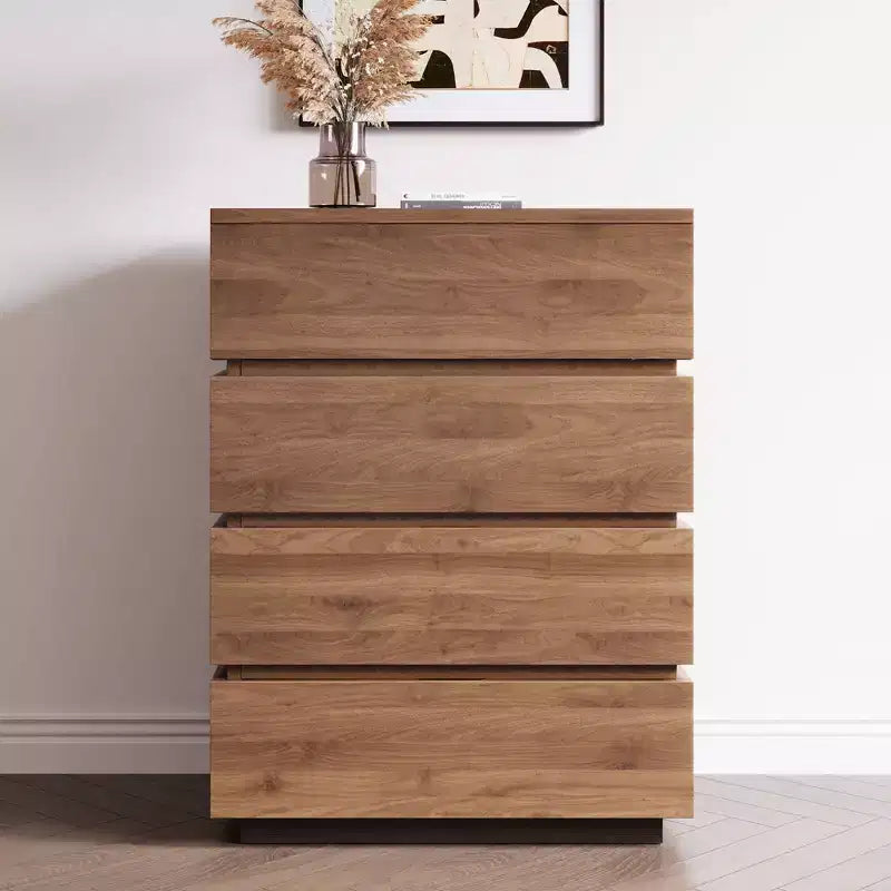 Gaoyangjiaju 32 Modern 4-Drawer Dresser - Vertical Storage Chest with Walnut Wood Finish - Minimalist Handle-less Design for Small Spaces