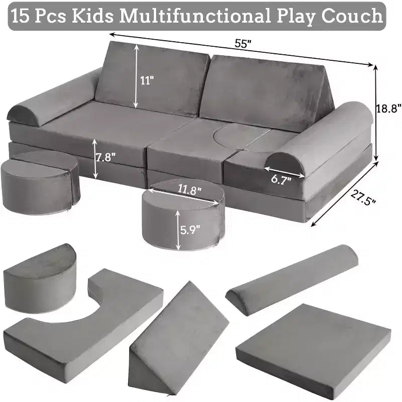 Acekool 15-Piece Modular Kids Play Sofa, Creative Floor Couch for Boys & Girls, Imagination Sofa for Playroom