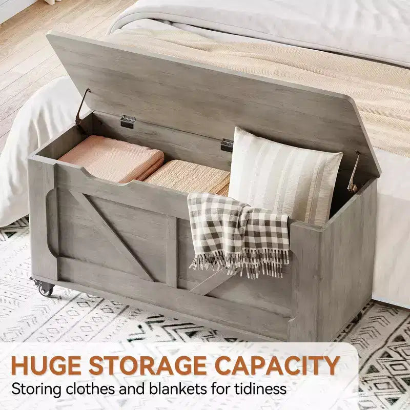 Storage Chest, Wooden Storage Bench with 4 Wheels, 39.4 Storage Trunk with 2 Safety Hinges, Supports 350 Lbs,Round Corner,U-Shape Cutout,for Entryway