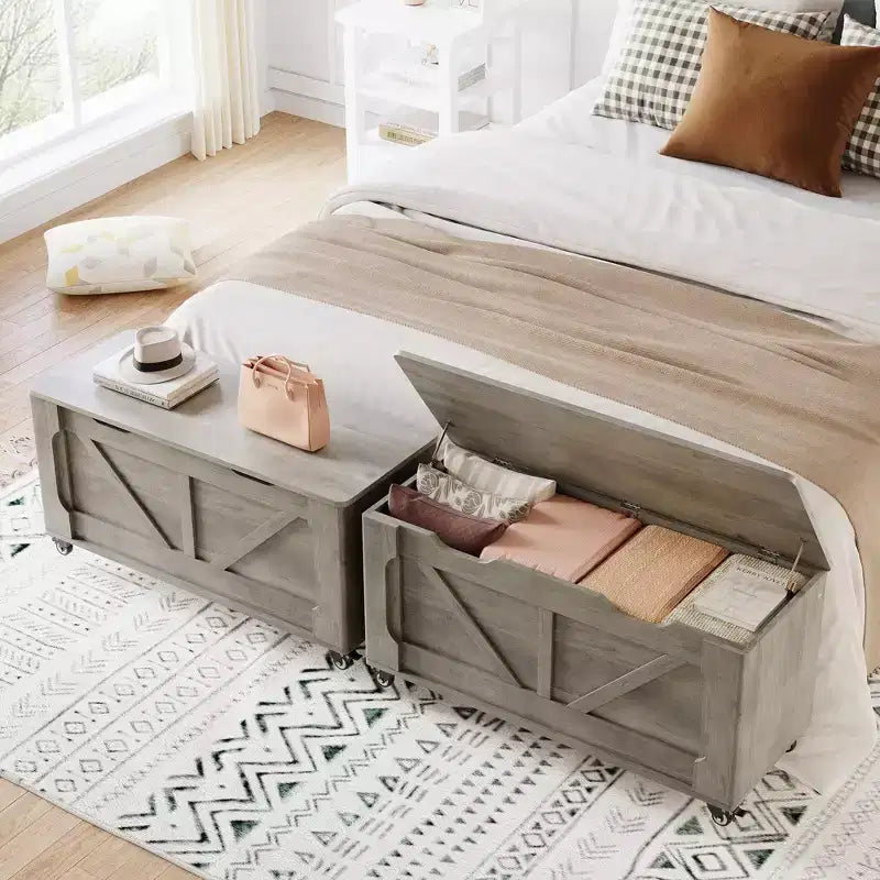 Storage Chest, Wooden Storage Bench with 4 Wheels, 39.4 Storage Trunk with 2 Safety Hinges, Supports 350 Lbs,Round Corner,U-Shape Cutout,for Entryway