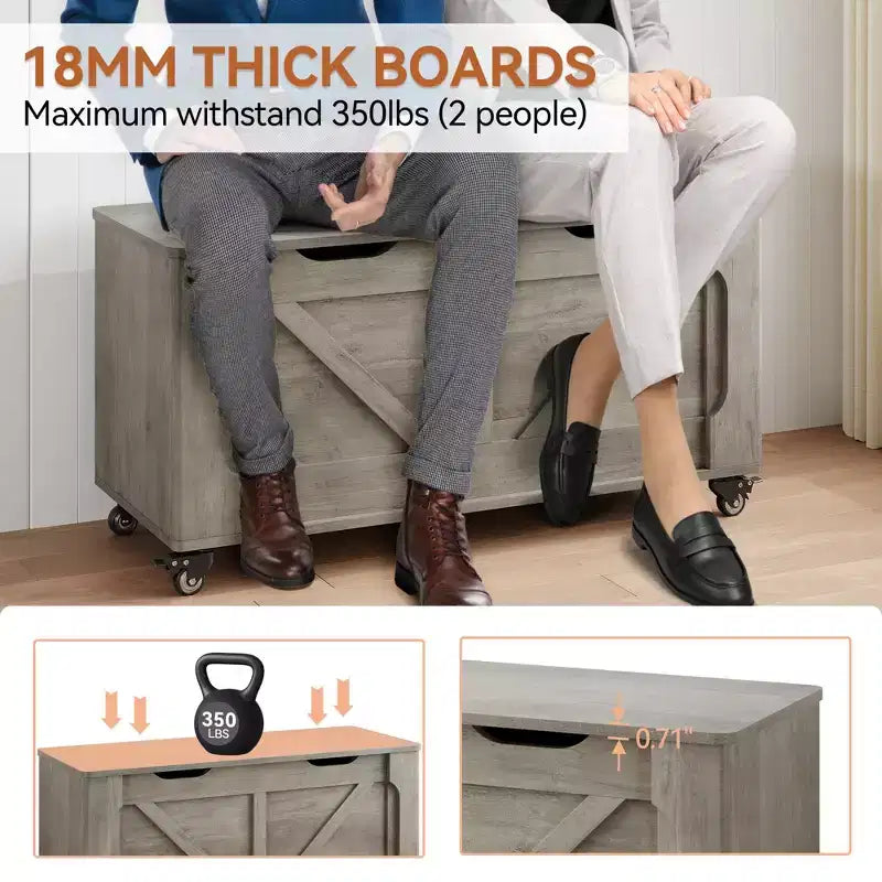 Storage Chest, Wooden Storage Bench with 4 Wheels, 39.4 Storage Trunk with 2 Safety Hinges, Supports 350 Lbs,Round Corner,U-Shape Cutout,for Entryway