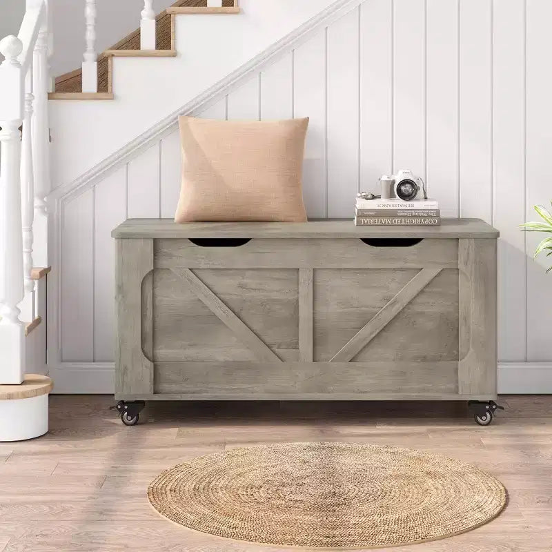 Storage Chest, Wooden Storage Bench with 4 Wheels, 39.4 Storage Trunk with 2 Safety Hinges, Supports 350 Lbs,Round Corner,U-Shape Cutout,for Entryway